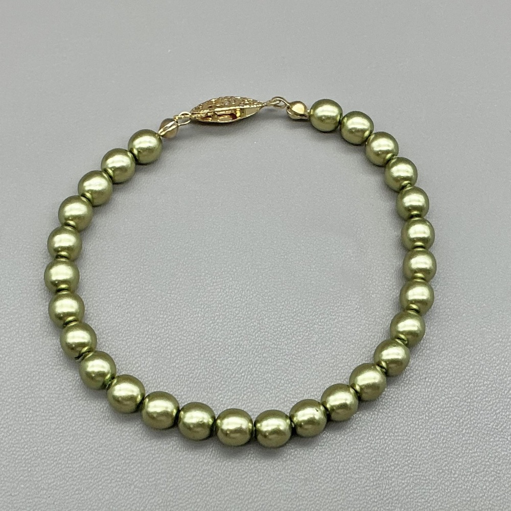 Bracelet Green Imitation Pearl Beaded Hook Clasp‎ Gold Tone Jewelry Womens 7"